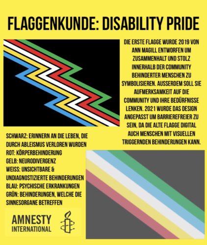 Flaggenkunde: Disability Pride (Überschrift) Links oben ist die alte Disability Pride Flagge abgebildet. Diese hat Streifen in grün, rot, weiß, gelb und blau. Welche in Form eines Blitzes über einen schwarzen Hintergrund gehen. Die erste Flagge wurde 2019 von Ann Magill entworfen um Zusammenhalt und Stolz innerhalb der Community behinderter Menschen zu symbolisieren. Außerdem soll sie Aufmerksamkeit auf die Community und ihre Bedürfnisse lenken. 2021 wurde das Design angepasst um barrierefreier zu sein, da die alte Flagge digital auch Menschen mit visuellen triggernden Behinderungen kann. Rechts unten ist die erneuerte Disability Pride Flagge. Diese ist von den Farben wie die Alte, nur wurde die Farbsättigung reduziert. Die Farben sind nicht mehr so hell und knallig. Außerdem sind die Streifen nur noch quer über der Flagge und nicht mehr blitzartig. Hier st die Bedeutung jeder Farbe. Schwarz: Erinnern an die Leben, die durch Ableismus verloren wurden Rot: Körperbehinderung Gelb: Neurodivergenz Weiß: Unsichtbare & undiagnostizierte Behinderungen Blau: psychische Erkrankungen Grün: Behinderungen, welche die Sinnesorgane betreffen 