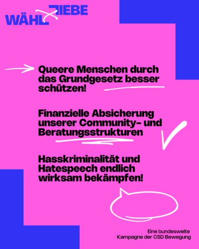 Sharepic: "Queere Menschen durch das Grundgesetz besser schützen! Finanzielle Absicherung unserer Community- und Beratungsstrukturen. Hasskriminalität und Hatespeech endlich wirksam bekämpfen!